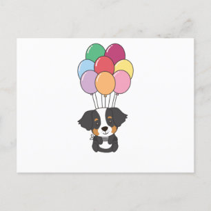 Cartão Postal Cão de Montanha Bernês Voa Com Balões Coloridos