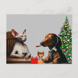 Cartão Postal Cão de Natal e Gato de solitário