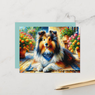 Cartão Postal Cão de Pastoreio Shetland em Cena de Jardim Rústic