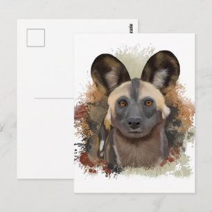 Cartão Postal Cão Selvagem Africano Manchas de Pintura Abstrat