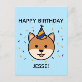 Cartão Postal Cão Shiba Inu | Saudação de Aniversário Azul e Lar