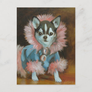 Cartão Postal Cãozinho Chihuahua com jaqueta rosa e azul