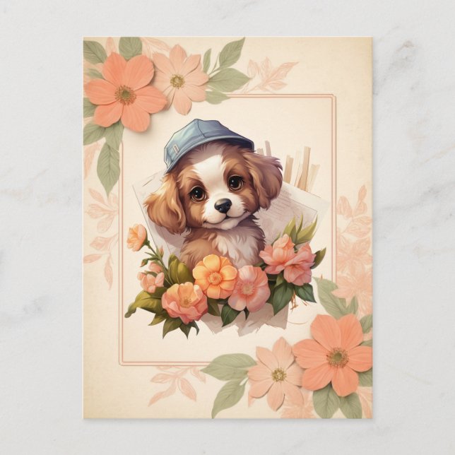 Cartão Postal Cãozinho De Água De Verão - Quadro Floral - (Frente)