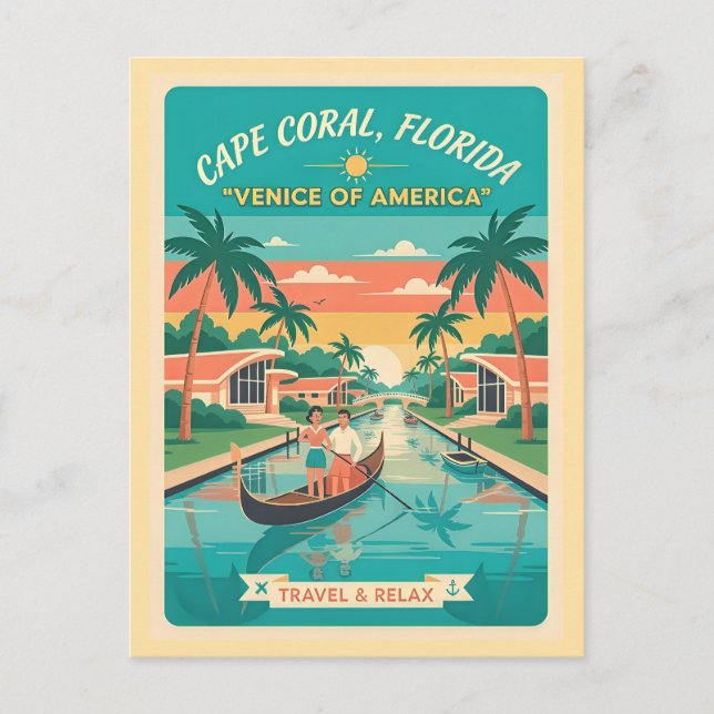 Cartão Postal Cape Coral FL – The Venice of America Retro 1950s (Frente)