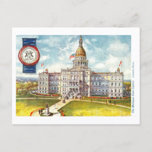 Cartão Postal Capitólio Vintage Michigan com Cartaz Selo