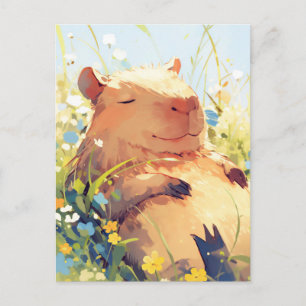 Cartão Postal Capivara Cochilando em Prado Ensolarado de Flores 