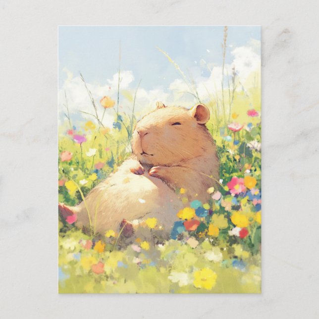 Cartão Postal Capivara cochilando em um prado de verão com flore (Frente)