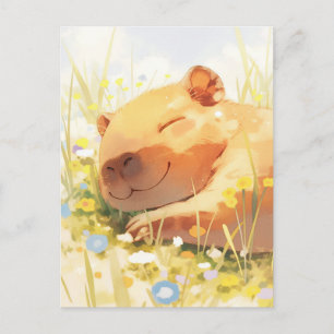 Cartão Postal Capivara cochilando em um prado ensolarado de flor