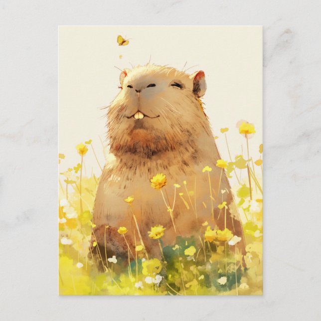 Cartão Postal Capivara com Borboleta em Prado de Flores Silvestr (Frente)