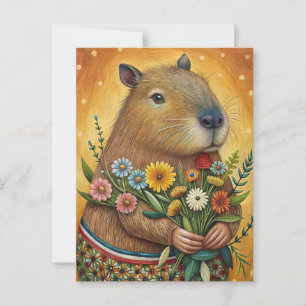 Cartão Postal Capivara com flores arte popular