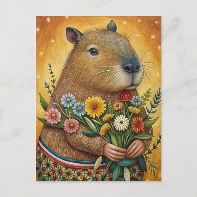 Cartão Postal Capivara com flores arte popular (Frente)