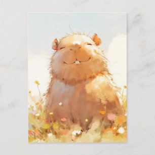 Cartão Postal Capivara em Colorido Prado de Flores Silvestres de
