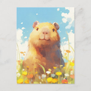 Cartão Postal Capivara em Prado de Flores Silvestres Amarelas e
