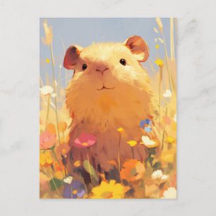 Cartão Postal Capivara em Prado de Verão com Flores Silvestres C