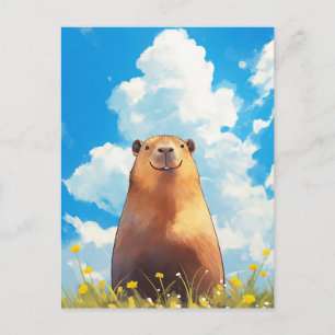 Cartão Postal Capivara em Prado Ensolarado de Flores Silvestres