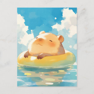 Cartão Postal Capivara Flutuando em Câmara de Ar Amarela Verão