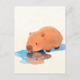 Cartão Postal Capivara Fofa Bebendo de uma Poça Azul