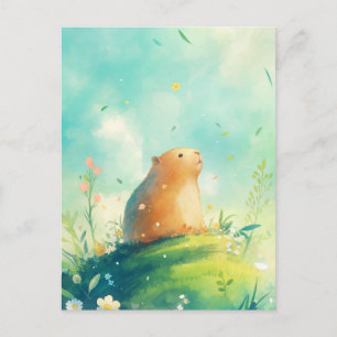 Cartão Postal Capivara na Colina com Pétalas e Folhas Caindo
