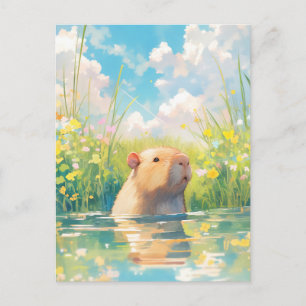 Cartão Postal Capivara Nadando em Lagoa de Prado Ensolarado de F