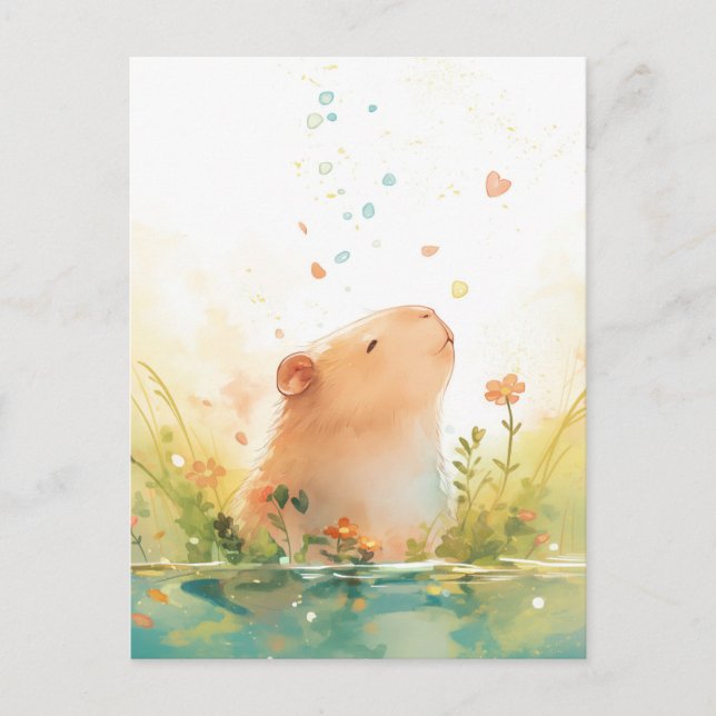 Cartão Postal Capivara Pacífica com Coração e Pétalas Caindo (Frente)