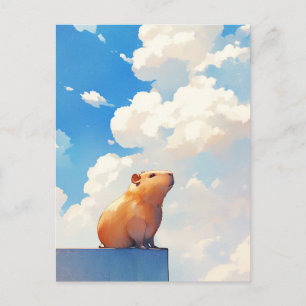 Cartão Postal Capivara Sentada Sob o Céu Azul e Nuvens Brancas