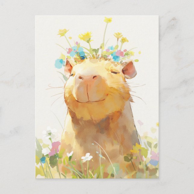 Cartão Postal Capivara Sorridente com Coroa de Flores Silvestres (Frente)