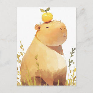 Cartão Postal Capivara Sorridente com Fruta Amarela de Yuzu na C