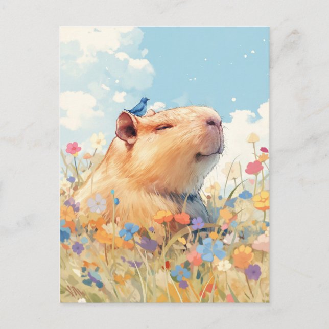 Cartão Postal Capivara Sorridente com Pássaro Azul em Prado Flor (Frente)