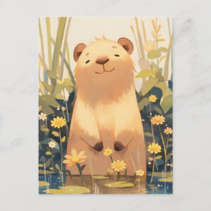 Cartão Postal Capivara Sorridente em Lagoa com Flores Silvestres