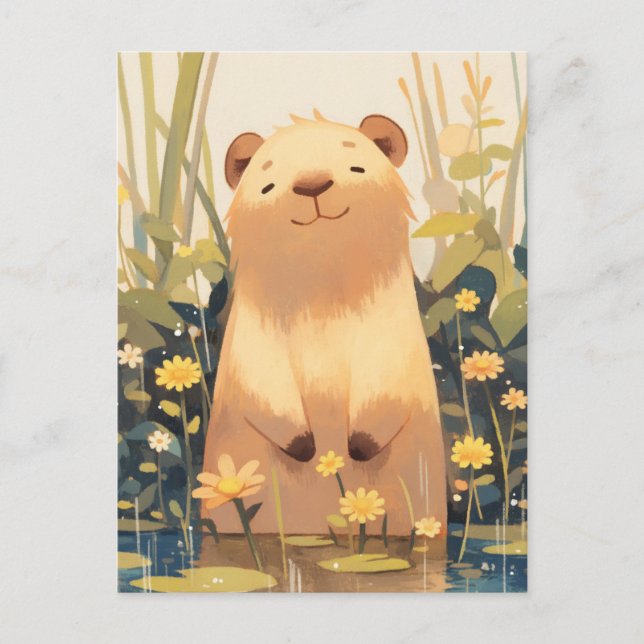 Cartão Postal Capivara Sorridente em Lagoa com Flores Silvestres (Frente)