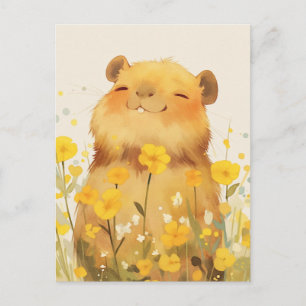 Cartão Postal Capivara Sorridente em Prado Ensolarado de Flores