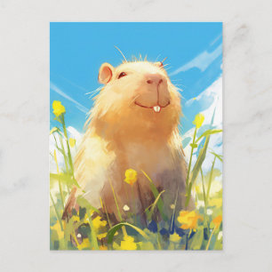 Cartão Postal Capivara Sorridente em Prado Ensolarado de Flores 