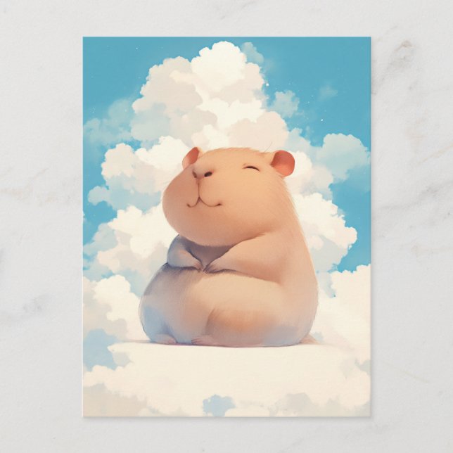 Cartão Postal Capivara Sorridente Sentada em Nuvem Branca Macia (Frente)