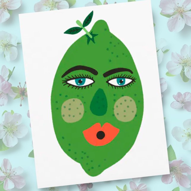 Cartão postal caprichoso de limão (Funny whimsical lime fruit with a face. Customize with your own text)