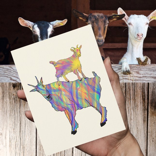Cartão Postal Caprinos Psicodélicos Coloridos Fazenda Arte Anima (Cute goats standing on things colorful farm animal art watercolor postcard)