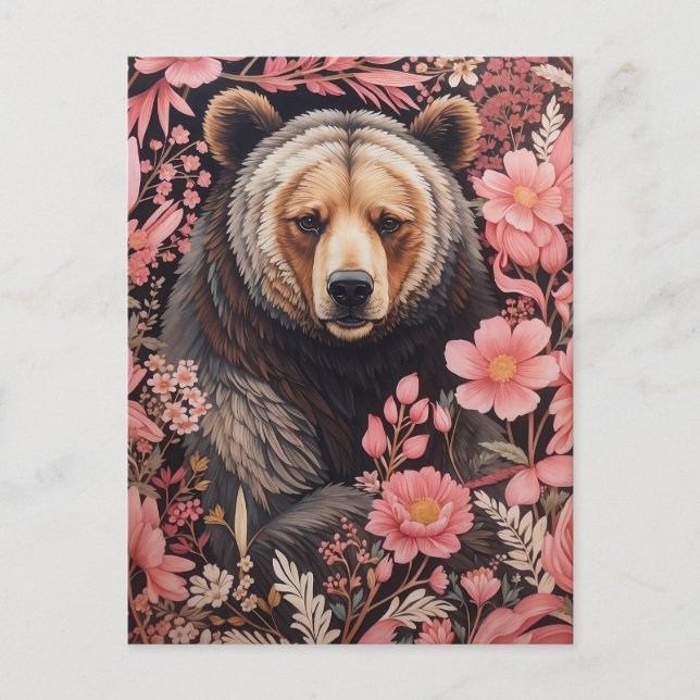 Cartão Postal Captivando Flores Rosa Cinzentas De Urso Marrom (Frente)