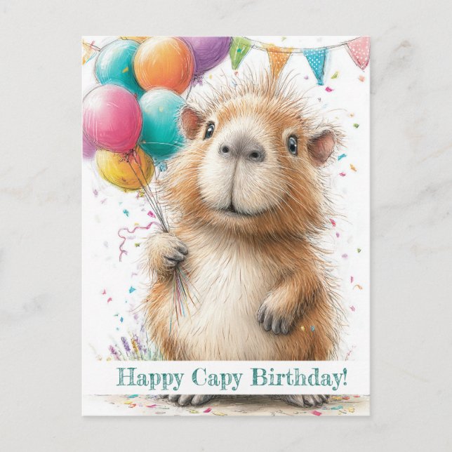 Cartão Postal Capybara Birthday Card • Cute Balloon Design (Frente)