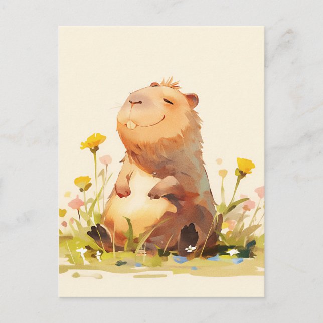 Cartão Postal Capybara Sitting in Yellow Wildflower Garden (Frente)