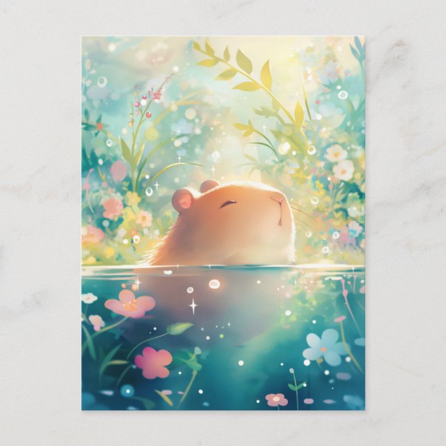 Cartão Postal Capybara Swimming in Magical Wildflower Pond (Frente)