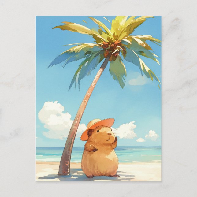 Cartão Postal Capybara Wearing Sun Hat on Tropical Summer Beach (Frente)