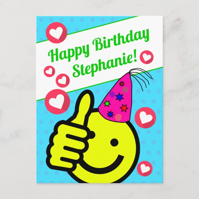 Cartão Postal Cara Risonha Azul Turquesa Divertida Feliz Anivers (Frente)