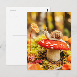 Cartão Postal Caracol de Feltro Rastejando Sobre Cogumelo Fly Ag
