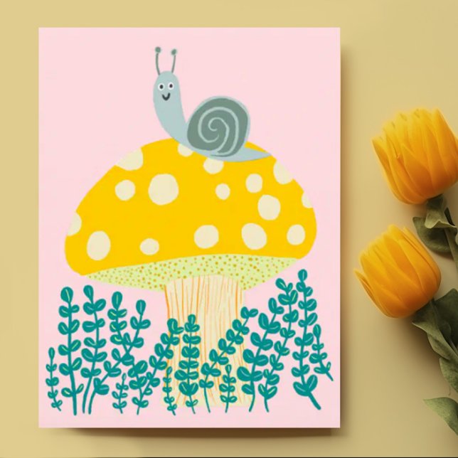Cartão Postal Caracol Whimsical em Cuta Magia de Cogumelo (Cute snail on fun mushroom custom postcard design)