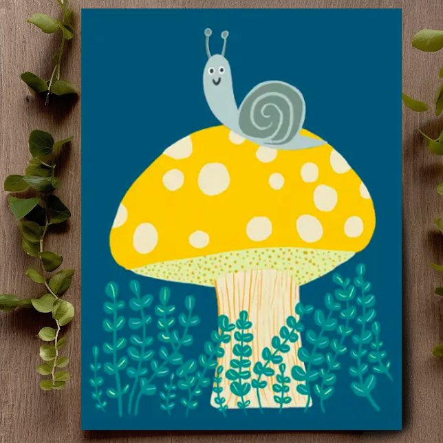 Cartão Postal Caracol Whimsical em Cuta Magia de Cogumelo (Cute snail on top of a mushroom, colorful drawing, Customize with your own text on the front or back)