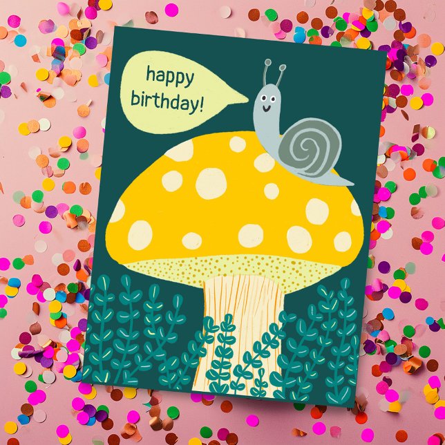 Cartão Postal Caracol Whimsical no Mágico Cogumelo PERSONALIZADO (Whimsical Snail on Magical Mushroom CUSTOM Bday Cute Postcard
)