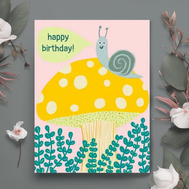 Cartão Postal Caracol Whimsical no Mágico Cogumelo PERSONALIZADO (Happy birthday postcard- cute snail on a mushroom pink and green)
