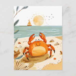 Cartão Postal Caranguejo de desenho animado na praia com barco a