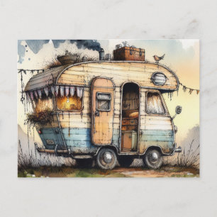 Cartão Postal Caravana Desgastada Camper RV Estilo Aquarela