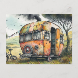 Cartão Postal Caravana Excêntrica e Desgastada em Estilo Aquarel