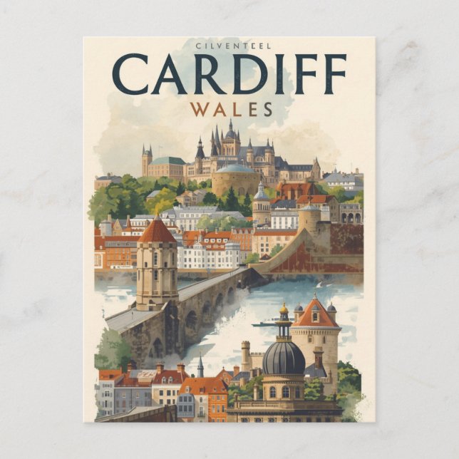 Cartão Postal Cardiff Wales Vintage Retro Travel  (Frente)